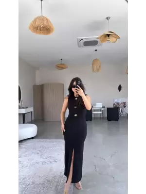 Kadın Bisiklet Yaka Broş Detay Yırtmaçlı Maxi Boy Ottoman Elbise