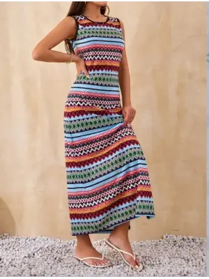 Kadın Çizgi Desenli Bisiklet Yaka Elbise