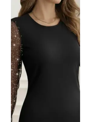 Kadın Bisiklet Yaka Kol Tül Detay Dalgıç Mini Boy Elbise