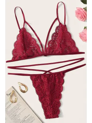 Omarı Bordo Dantel Sütyen Külot Takımı