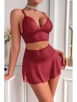 Omarı Tül Detaylı Kadın Bordo Şık Gecelik Takımı