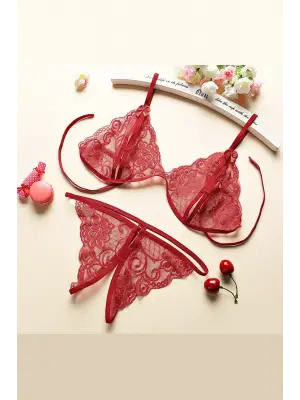 Omarı Bordo Dantelli Kadın Sütyen Külot Seti