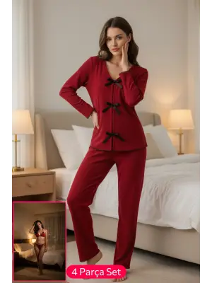 Kadın Bordo Fiyonklu İç Çamaşırı ve Uzun Kollu V Yaka Pijama Takımı 4lü Set
