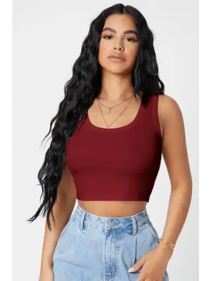 Omarı Bordo Kare Yaka Crop Top Bluz