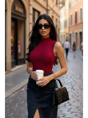 Kadın Bordo Kolsuz Balıkçı Yaka Basic Bluz