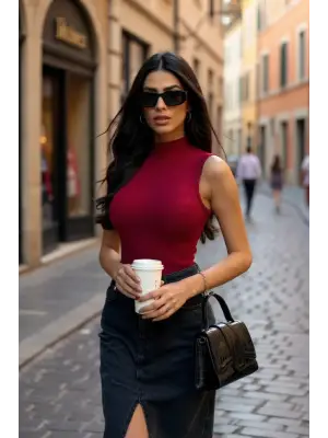 Kadın Bordo Kolsuz Balıkçı Yaka Basic Bluz