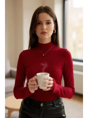 Kadın Bordo Parmak Detaylı Esnek Uzun Kollu Body