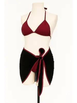 Omarı Bordo Siyah Yandan ve Boyundan Bağlamalı Bikini Takımı