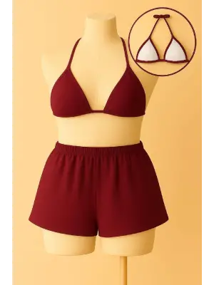 Omarı Bordo Renkli Bağlamalı Bikini Takımı