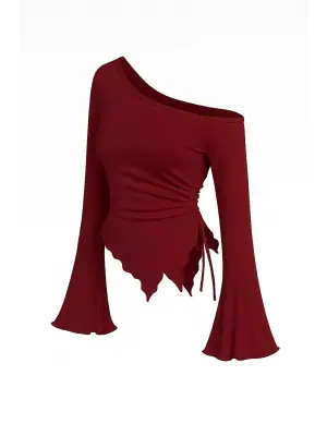 Kadın Bordo Uzun İspanyol Kollu Asimetirik Yaka Yandan Bağlamalı Drapeli Bluz