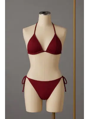 Omarı Bordo Yandan Bağlamalı Bikini Mayo Takımı