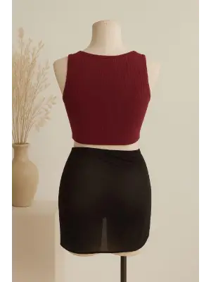 Omarı Kadın Bordo Yuvarlak Yaka Crop ve Siyah Pareo Set