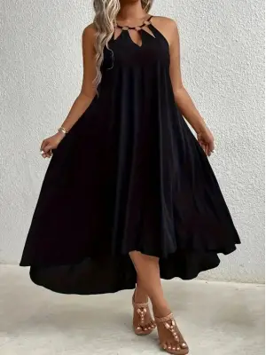 Kadın Boyundan Askılı Damla Detaylı Halkalı Asimetrik Kesim Viskon Elbise