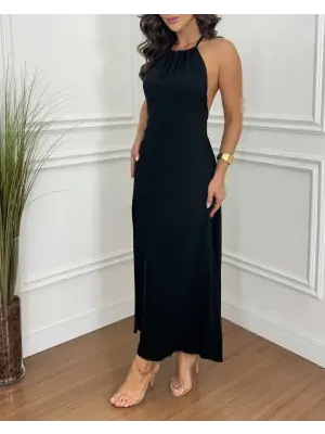 Kadın Boyundan Askılı Halter Kollu Viskon Elbise