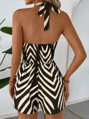 Omarı Desenli Boyundan Askılı Halter Yakalı Süprem Tulum