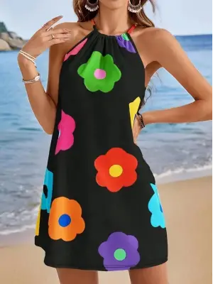 Kadın Boyundan Askılı Kolsuz çiçek Desenli Süprem Elbise