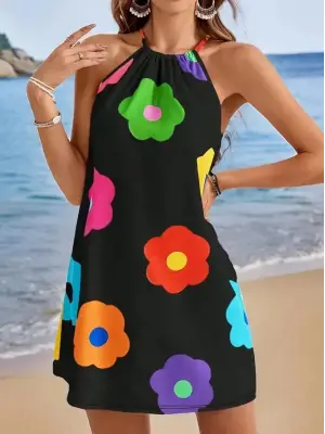 Kadın Boyundan Askılı Kolsuz çiçek Desenli Süprem Elbise