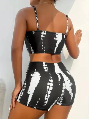 Kadın Büzgü Detay Askılı Cupsuz Crop Mini Tayt Ikili Takım