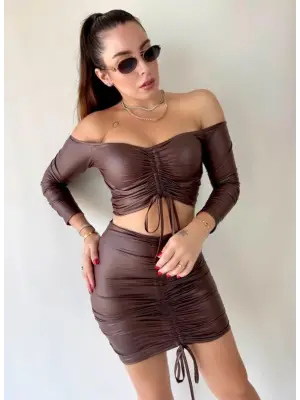 Kadın Büzgülü Deri Etek Takım Fırsat Ürün