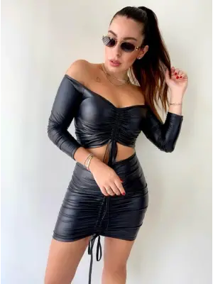 Kadın Büzgülü Deri Etek Takım Fırsat Ürün