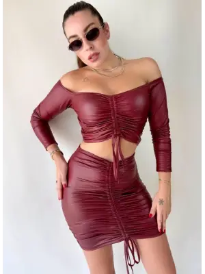 Kadın Büzgülü Deri Etek Takım Fırsat Ürün