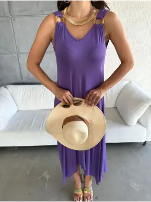 Kadın çan Dokuma Kumaş V Yaka Asimetrik Kesim Elbise