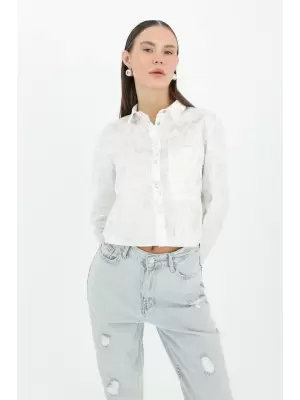 Kadın Crop Uzun Kollu Varak Desenli Gömlek -24S-31769GML