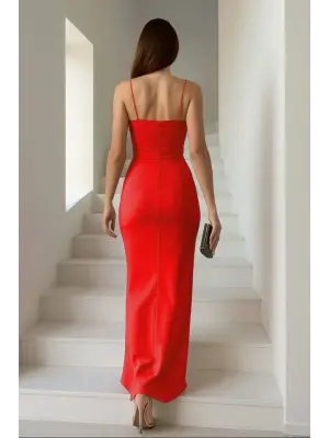 Kadın Dalgıç Kumaş V Yaka Yırtmaç Detaylı Maxi Boy Elbise