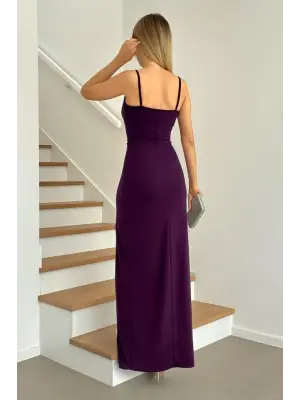 Kadın Dalgıç Kumaş V Yaka Yırtmaç Detaylı Maxi Boy Elbise