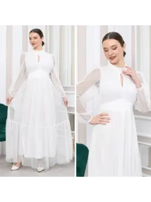 Kadın Damla Yaka Sırt Dekolteli Astarlı Tül Elbise