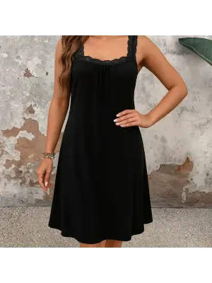 Kadın Dantel Askılı Kare Yakalı Uzun Viskon Elbise