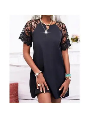 Kadın Dantelli Kısa Kollu Damla Yaka Krep Elbise