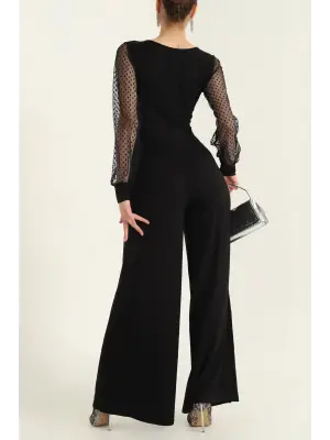 Kadın Derin V Yaka Kolları Puantiyeli Tül Detay Ispanyol Paça Tulum