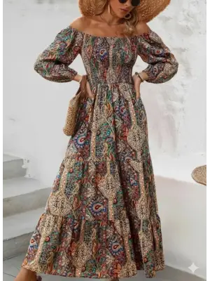 Kadın Düşük Omuzlu Beli Büzgülü Dijital Desenli Kesik Elyaf Süprem Uzun Elbise