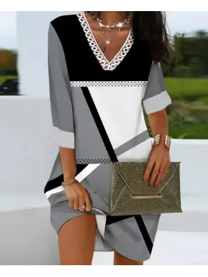 Kadın Fakir Kollu V Dantel Yaka Geometrik Desenli Dalgıç Elbise