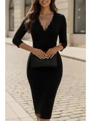 Kadın Fakir Kollu V Yakalı Dantel Detaylı Midi Janjan Krep Elbise