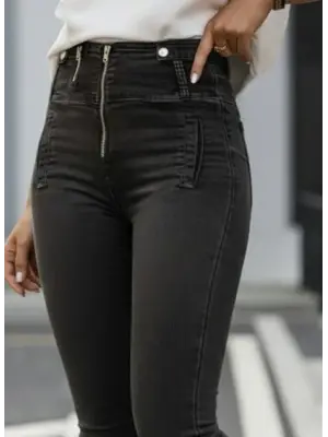 Kadın Fermuar Detay Yüksek Kemerli Kot Pantolon