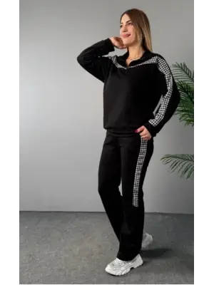 Kadın Fermuar Ve Ekose Detay Sweatshirt Ve Pantolon üç Iplik Kumaş Ikili Takım