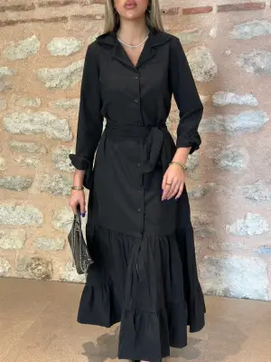 Omarı Trikoton Fırfırlı Beli Kuşaklı Kadın Gömlek Elbise