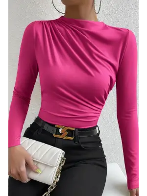 Kadın Fuşya Belden ve Boyundan Büzgü Detaylı Uzun Kollu Bluz