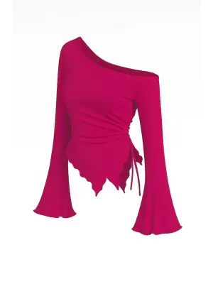 Kadın Fuşya Uzun İspanyol Kollu Asimetirik Yaka Yandan Bağlamalı Drapeli Bluz