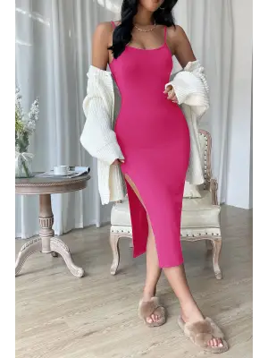 Omarı Fuşya Yırtmaçlı Kadın Diz Altı Gecelik