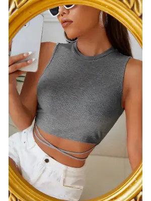 Omarı Gri Çapraz Bağlamalı Crop Top Büstiyer