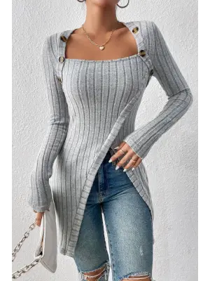 Kadın Gri Düğme Detaylı Kare Yaka Fitilli Asimetrik Etekli Uzun Kollu Bluz