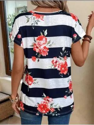Kadın Gül Desenli çizgili Süprem Tshirt
