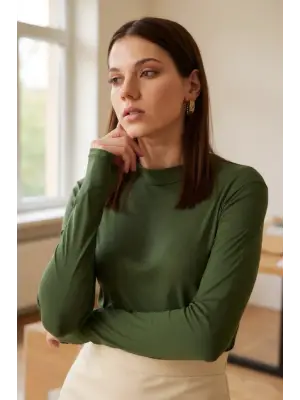 Kadın Haki Yeşili Parmak Detaylı Esnek Uzun Kollu Body