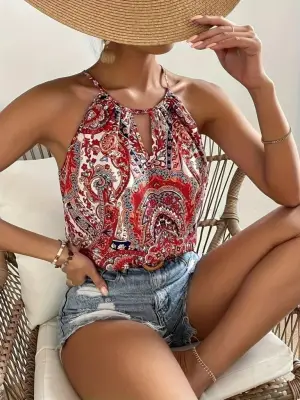 Kadın Halter Kollu Damla Detaylı Desenli Süprem Bluz