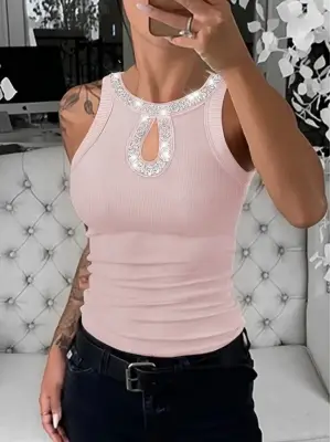 Kadın Halter Kollu Yuvarlak Taşlı Yaka Damla Detaylı Kaşkorse Bluz