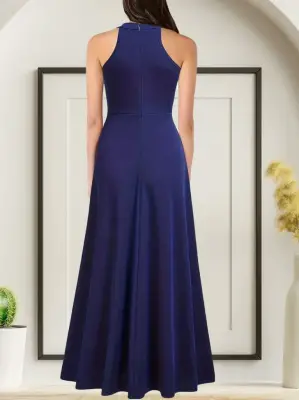 Kadın Halter Yaka Derin Yırtmaç Detaylı Tam Boy Janjan Krep Abiye Elbise