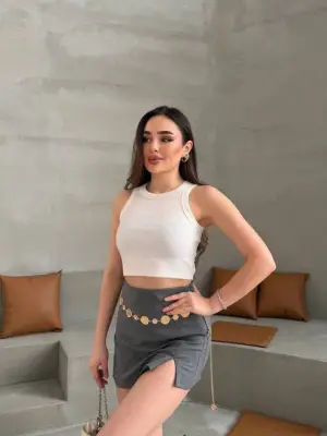 Kadın Halter Yaka Fitilli Esnek Crop Atlet